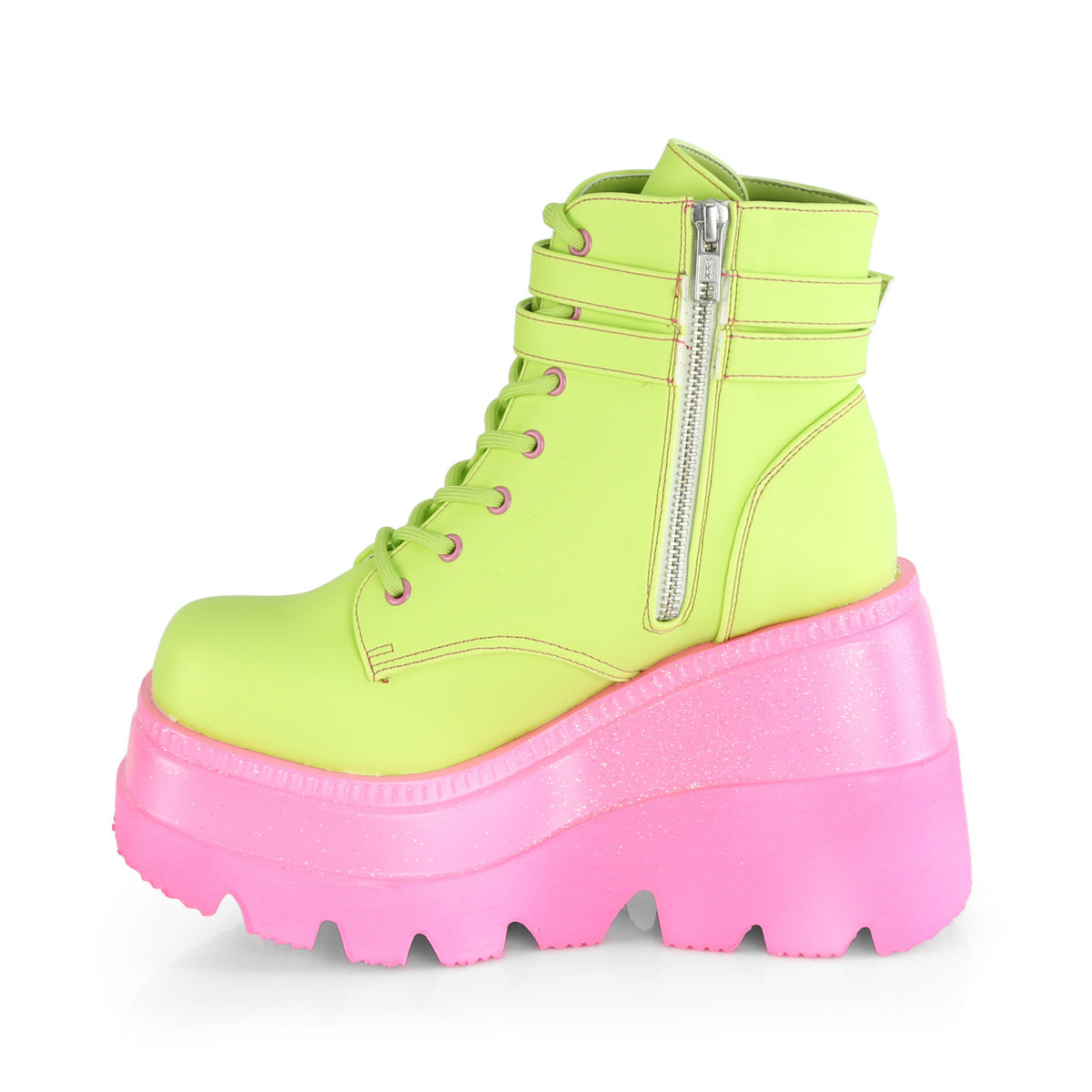 DemoniaCult Womens Boots SHAKER-52 Lime Reflective Vegan Leather/Pink