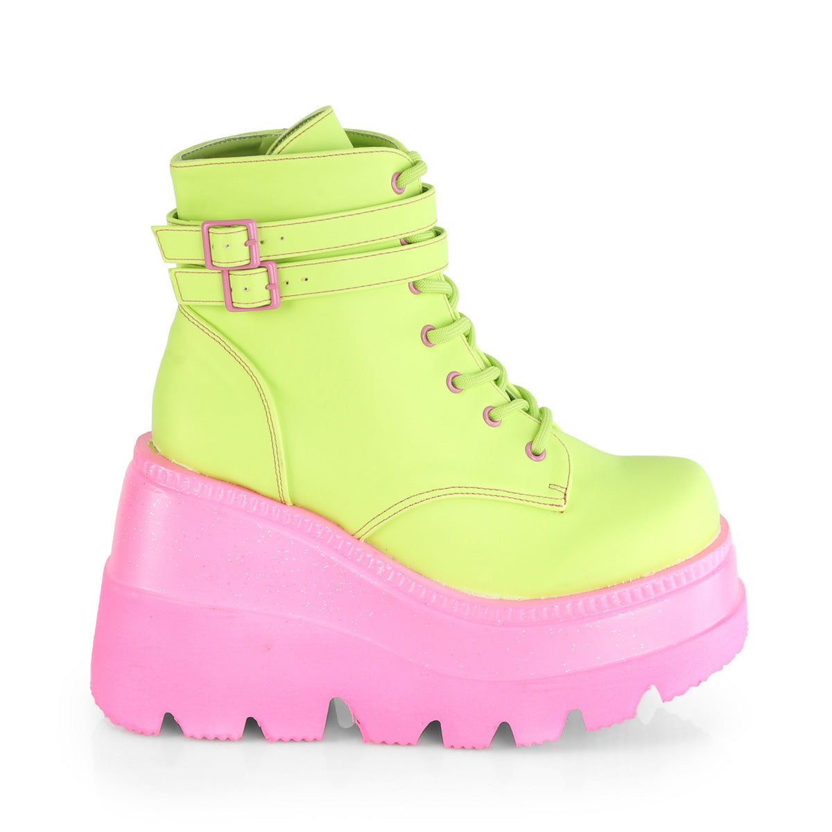 DemoniaCult Womens Boots SHAKER-52 Lime Reflective Vegan Leather/Pink