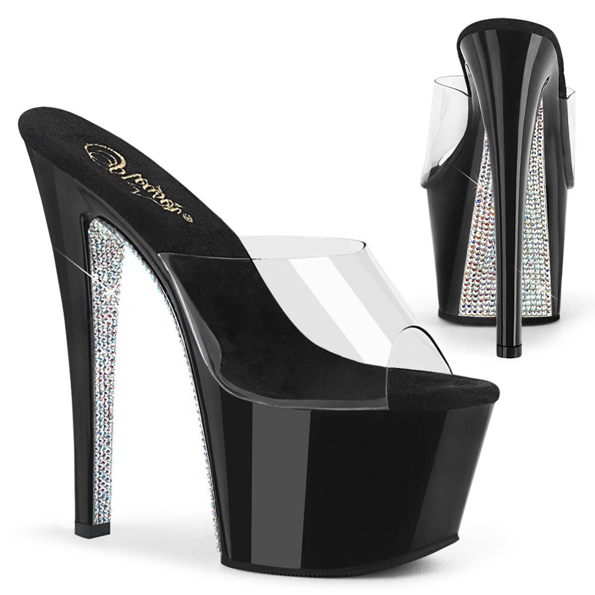 Pleaser Sandales pour femmes SKY-301Crrs CLR / BLK-SLV AB SHINESTONE