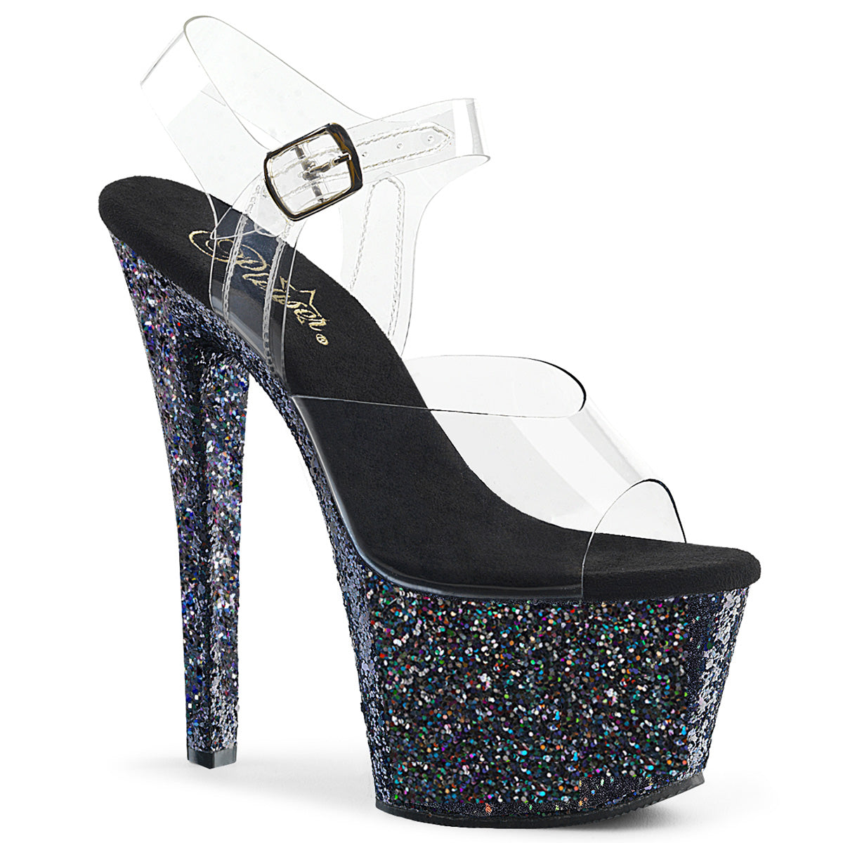 Pleaser Womens Sandals SKY-308LG Clr/Blk Multi Glitter