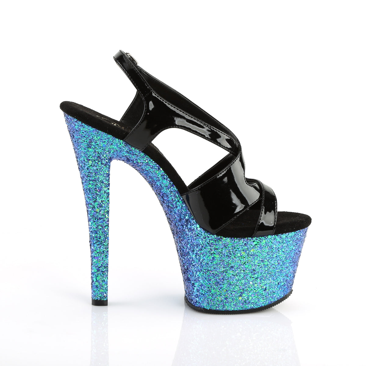 Pleaser Womens Sandals SKY-330LG Blk Pat/Blue Multi Glitter