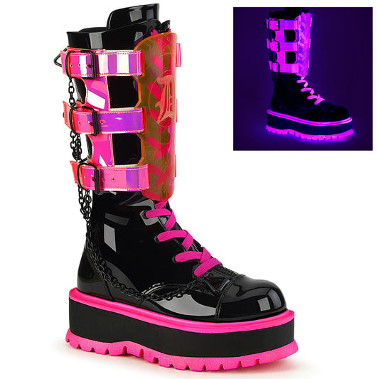 DemoniaCult  Bottes SLACKER-156 BLK Patent-uv Neon Pink
