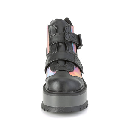 DemoniaCult Womens Ankle Boots SLACKER-32 Blk Vegan Leather-Rainbow Reflective