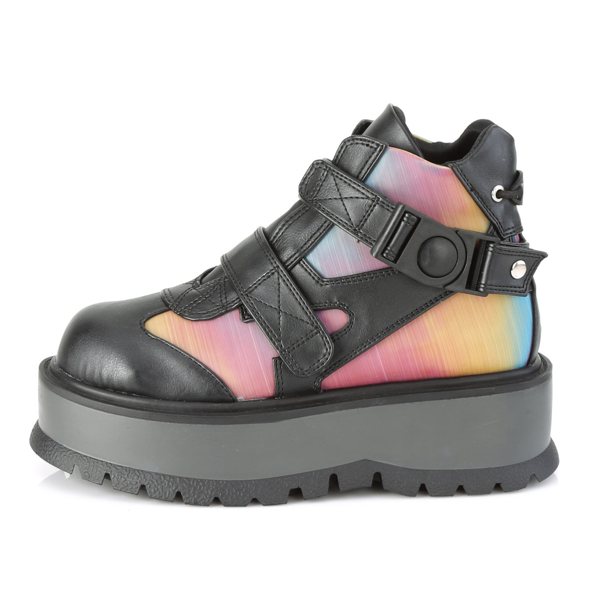 DemoniaCult Womens Ankle Boots SLACKER-32 Blk Vegan Leather-Rainbow Reflective