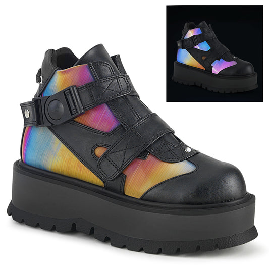 DemoniaCult Bottes de cheville des femmes SLACKER-32 Blk Vegan Leather-Rainbow Réfléchissant