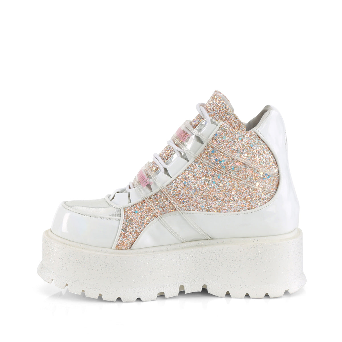 DemoniaCult  Bottines SLACKER-50 wht holographic pat-b. Multi-paillettes roses
