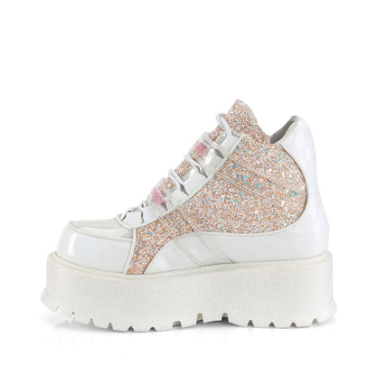 DemoniaCult  Bottines SLACKER-50 wht holographic pat-b. Multi-paillettes roses