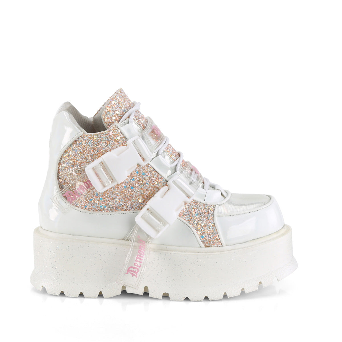 DemoniaCult  Bottines SLACKER-50 wht holographic pat-b. Multi-paillettes roses