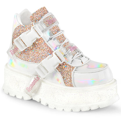 DemoniaCult  Bottines SLACKER-50 wht holographic pat-b. Multi-paillettes roses