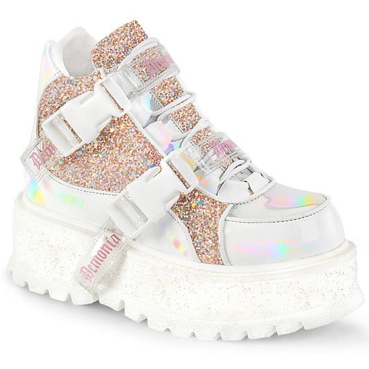DemoniaCult  Bottines SLACKER-50 wht holographic pat-b. Multi-paillettes roses