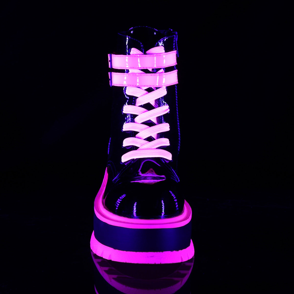 DemoniaCult Womens Ankle Boots SLACKER-52 Blk Pat-UV Iridescent Pink