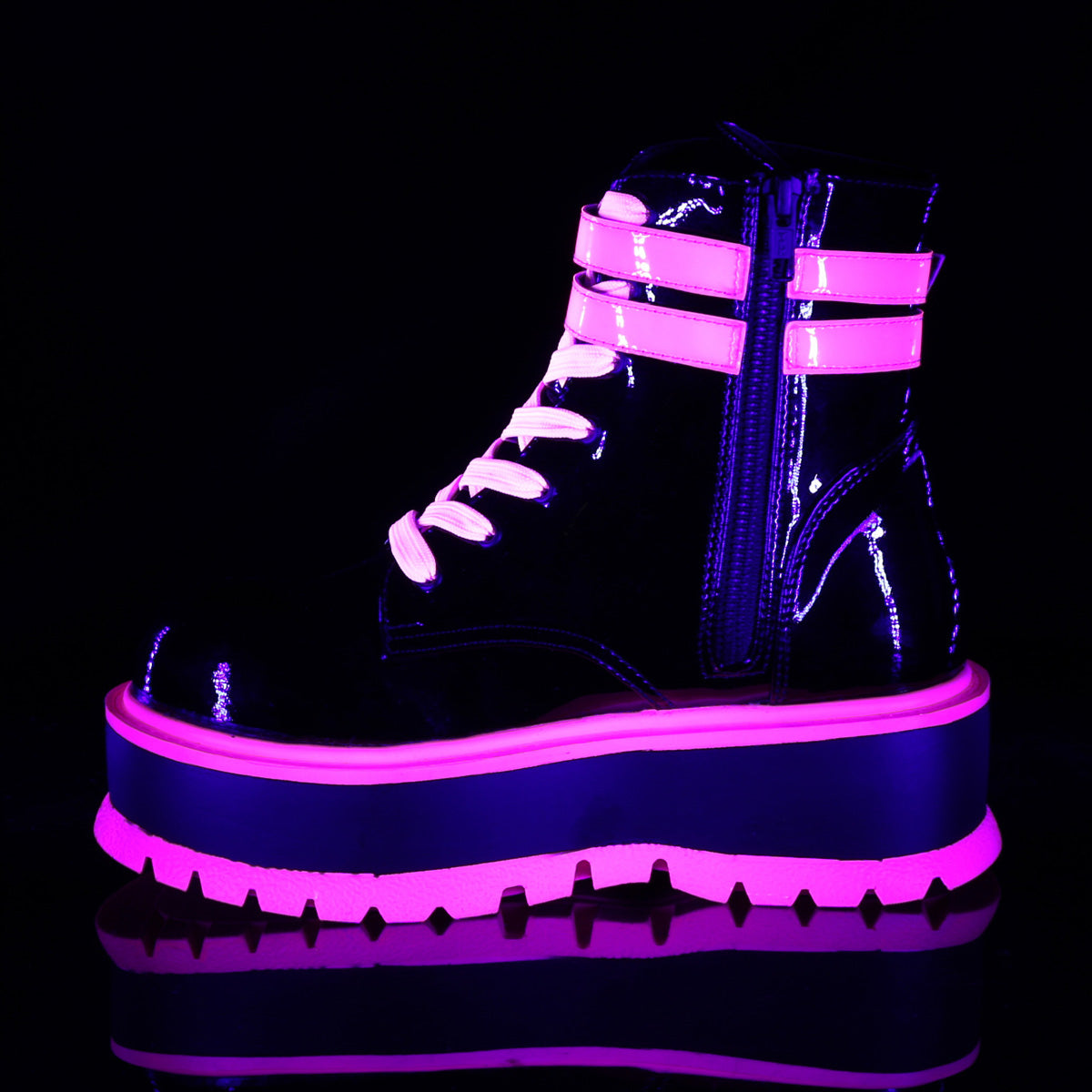 DemoniaCult Womens Ankle Boots SLACKER-52 Blk Pat-UV Iridescent Pink