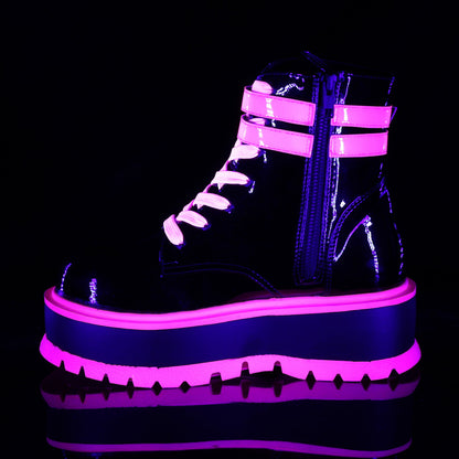 DemoniaCult Womens Ankle Boots SLACKER-52 Blk Pat-UV Iridescent Pink
