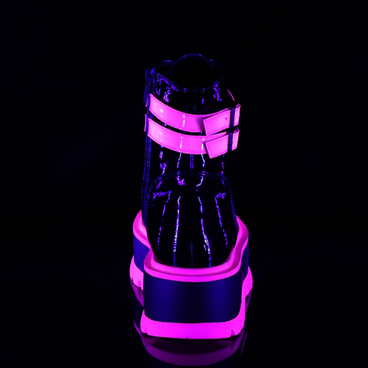 DemoniaCult Womens Ankle Boots SLACKER-52 Blk Pat-UV Iridescent Pink