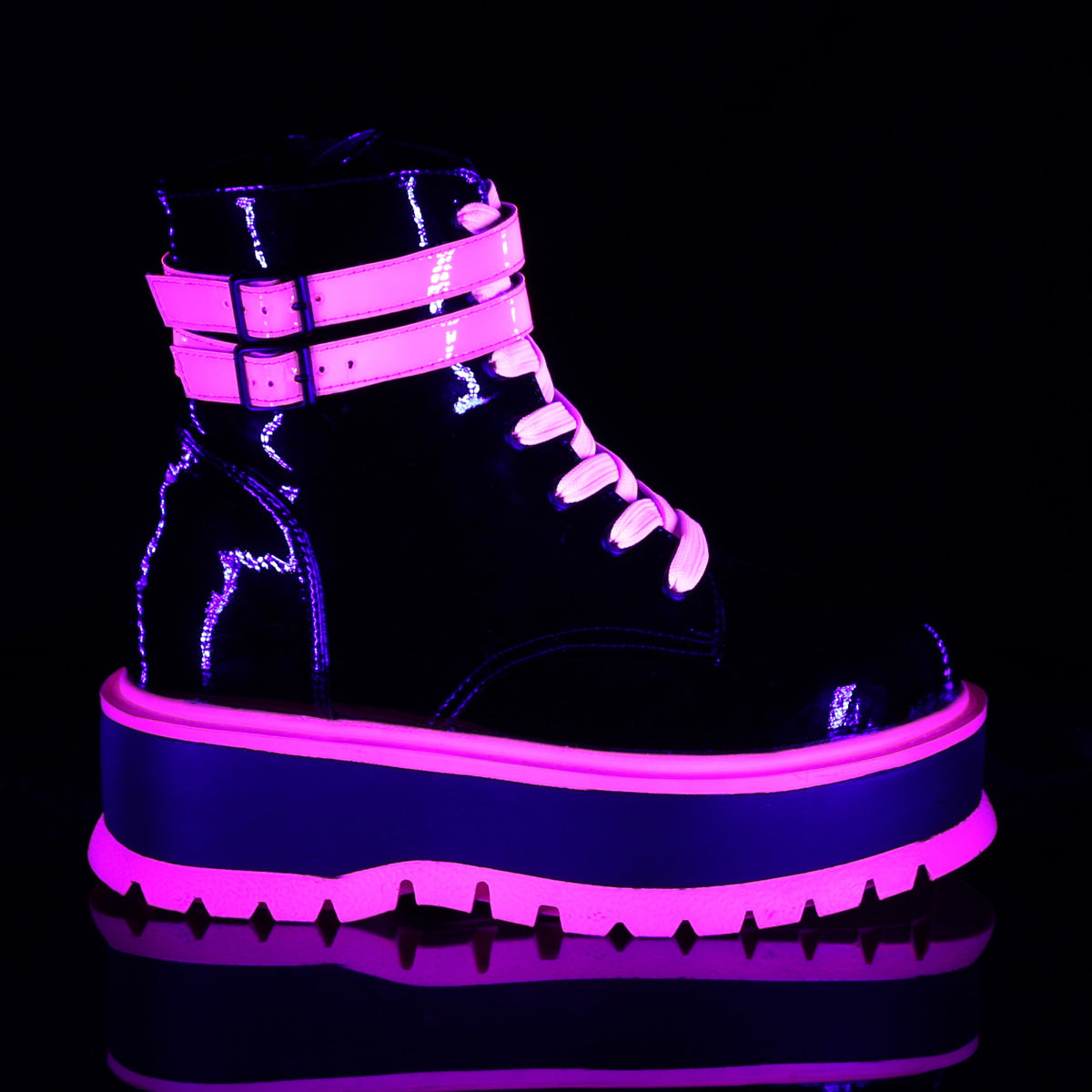 DemoniaCult Womens Ankle Boots SLACKER-52 Blk Pat-UV Iridescent Pink