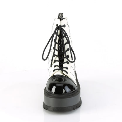 DemoniaCult Womens Ankle Boots SLACKER-88 White Glow Vegan Leather-Blk Pat