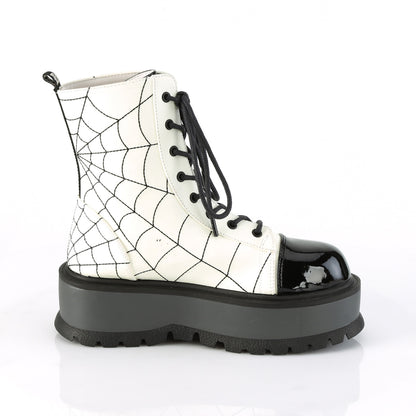 DemoniaCult Womens Ankle Boots SLACKER-88 White Glow Vegan Leather-Blk Pat