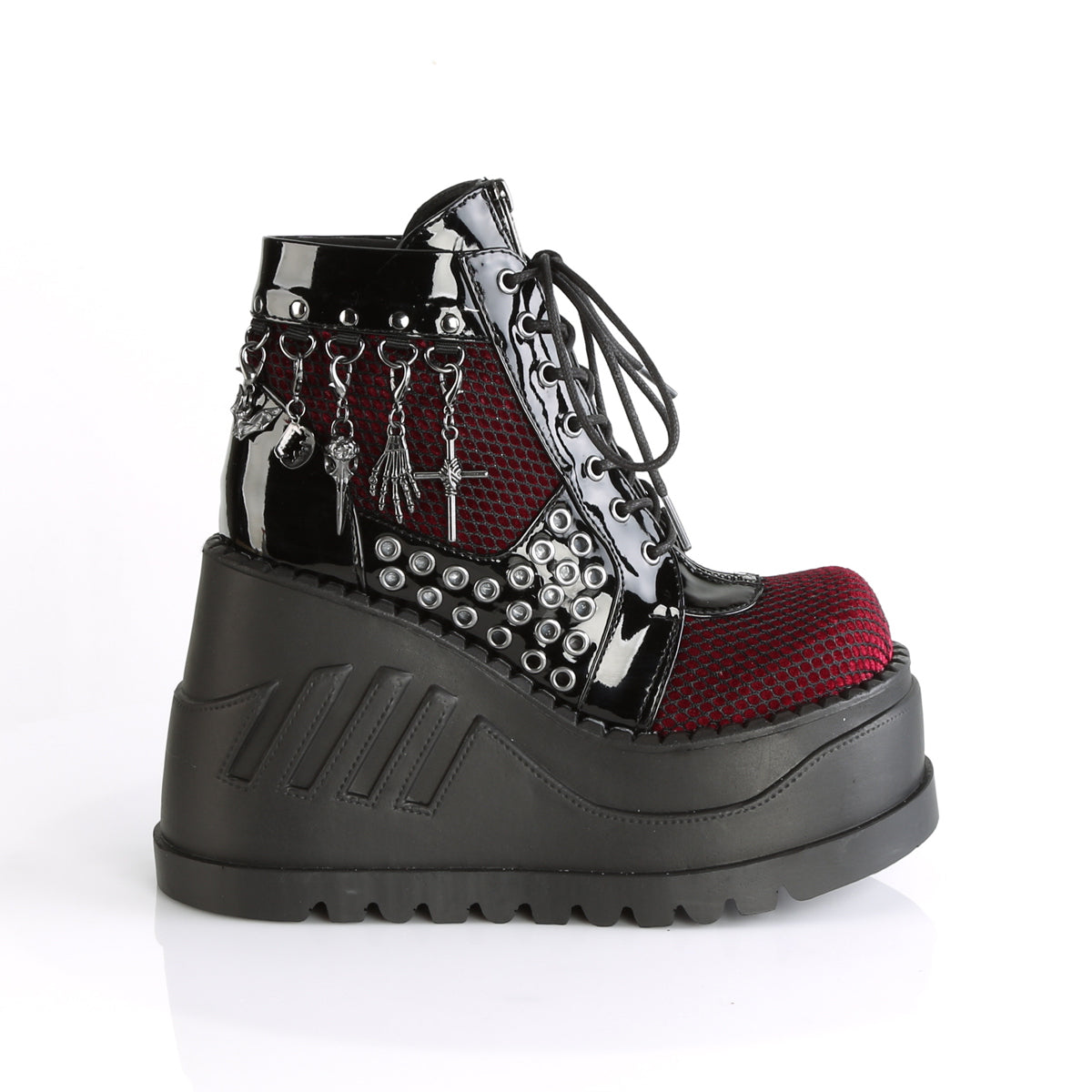 DemoniaCult Bottes de cheville des femmes STOMP-18 Blk Pat-Burgundy Velvet